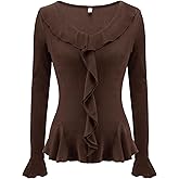 Meetjen Womens Bell Long Sleeve V Neck Tops Wrap Slim Fitted Shirts Ruffle Ladies Fall Fashion 2025 Sexy Blouses Blusas De Mujer De Moda Brown L