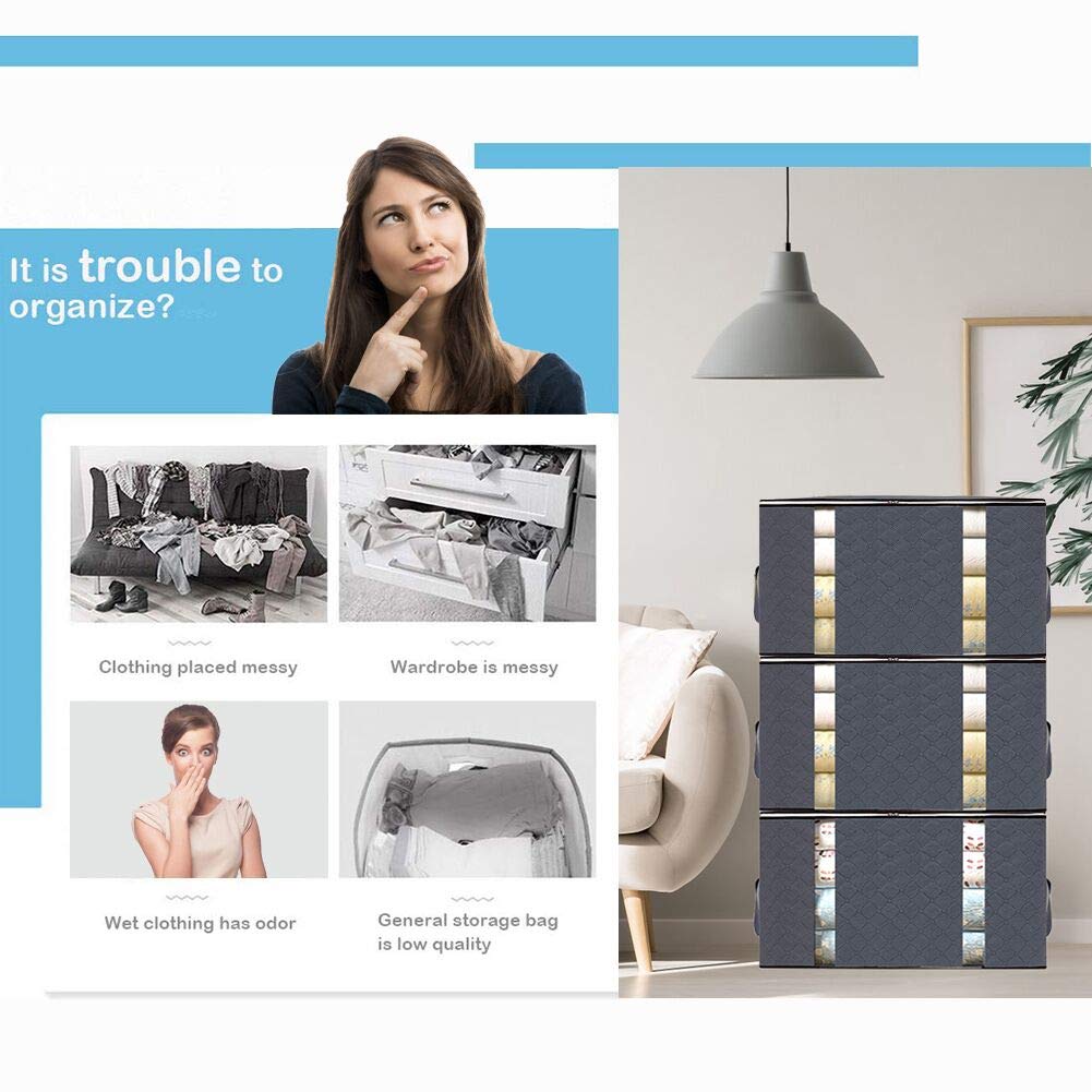 Large Capacity Clothing Storage Bag Organizer, 3 Pack Foldable Storage Bags with Double Zippers for Comforters, Large Clear Window & Portable Handles, Great for Clothes, Blankets