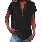LRMQS Summer Tops for Women 2026 Trendy Casual Short Sleeve Cotton Linen Shirts Button V Neck Tunic Blouse Spring Clothes