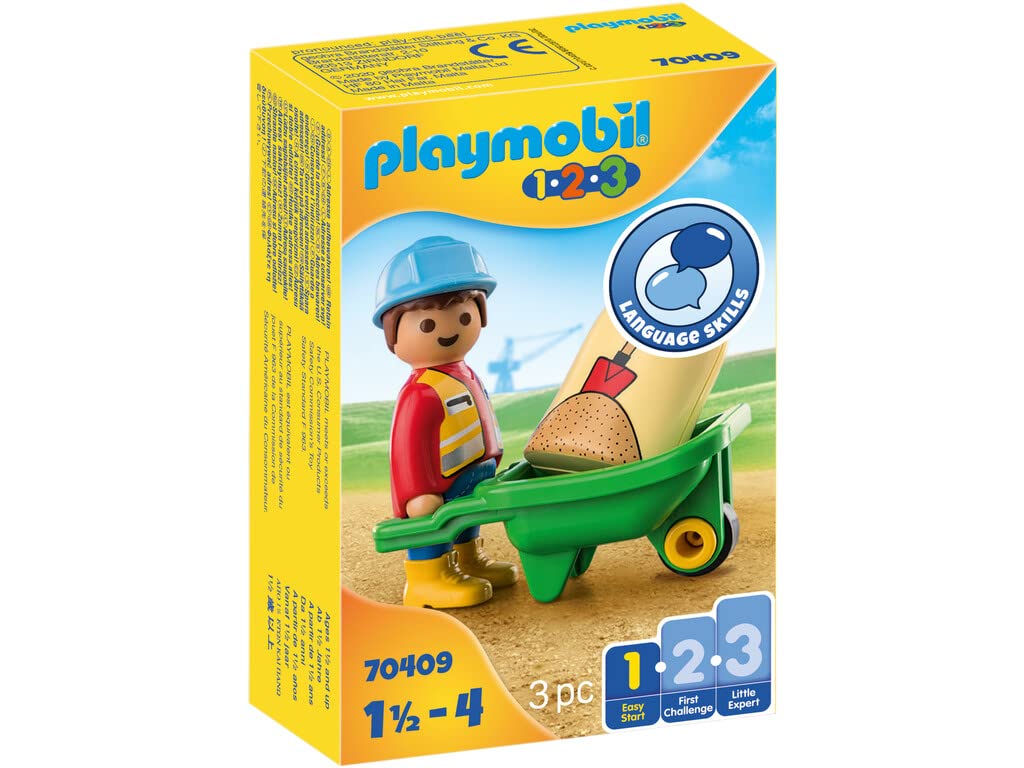 PLAYMOBIL 1.2.3 70409 Construction Worker with Wheelbarrow, for Children Ages 1.5 - 4