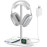 Universal Headphone Stand, Magnetic Wireless Charger for iPhones/AirPods/iWatch, Aluminum Alloy Rod, Leather Pad, ABS Solid Base, White