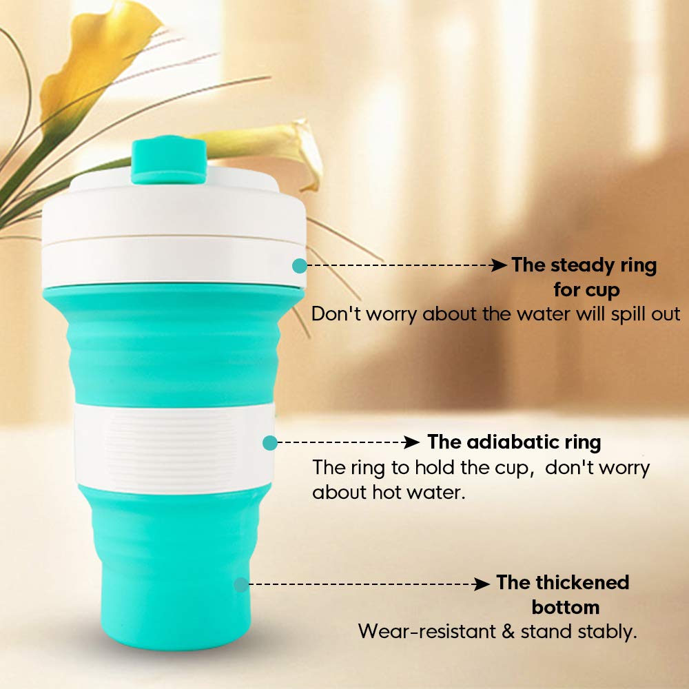 Reusable Collapsible Silicone Cup - Idealife Folding Cup Max Up to 18 Oz/550ml Camping Mug 3 Capacities, BPA free Pocket Mini Size Travel Drinking Cup with Hook for Outdoor Sports, Home (Green)