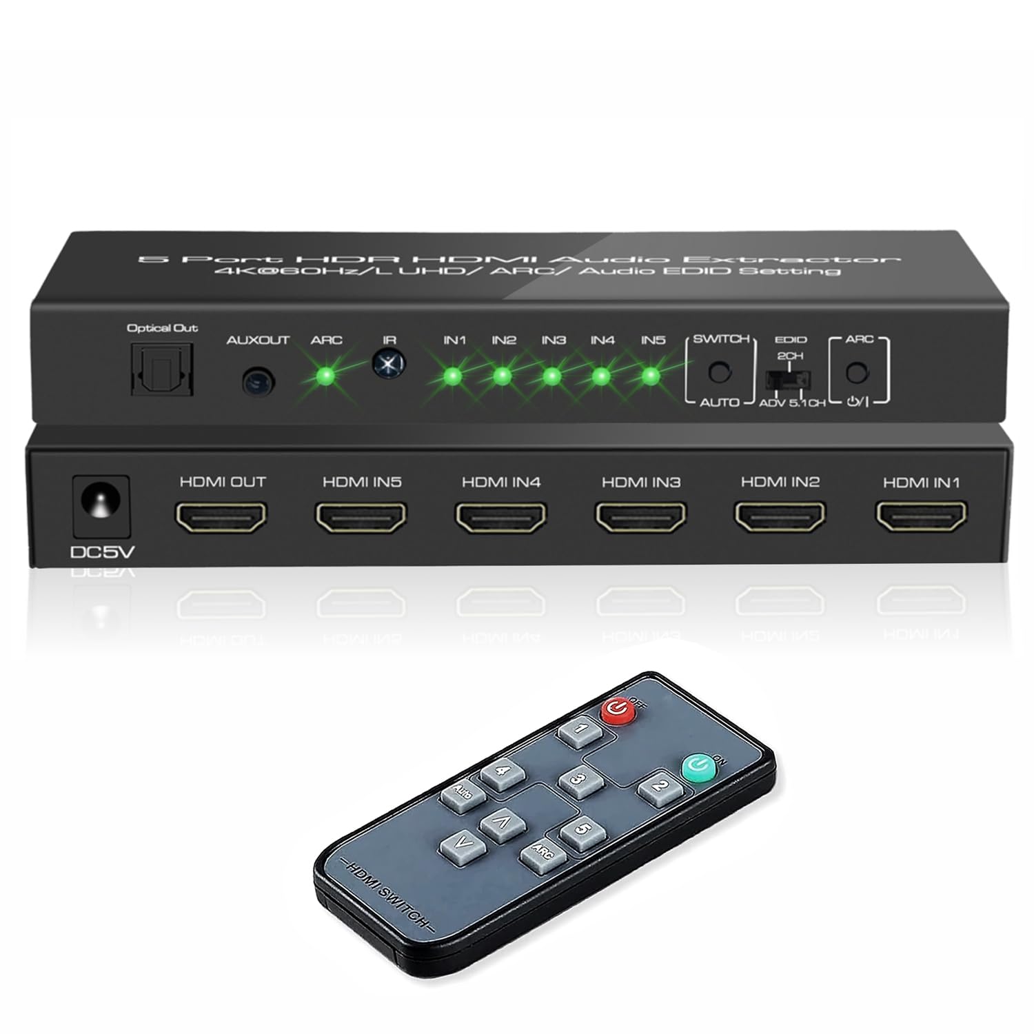 Photo 1 of *MISSING REMOTE* iArkPower 5 in 1 Out 4K@60Hz HDMI Switch Audio Extractor with Optical & 3.5mm Out, HDMI 2.0 Audio Splitter Support HDR 10, HDCP 2.2, 18Gbps, Dolby Vision Atmos, ARC, not eARC