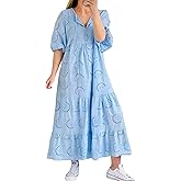 chouyatou Women's Summer Loose Floral Lace Eyelet Dress Boho Casual Notch Neck Maxi Tunic Beach Dress