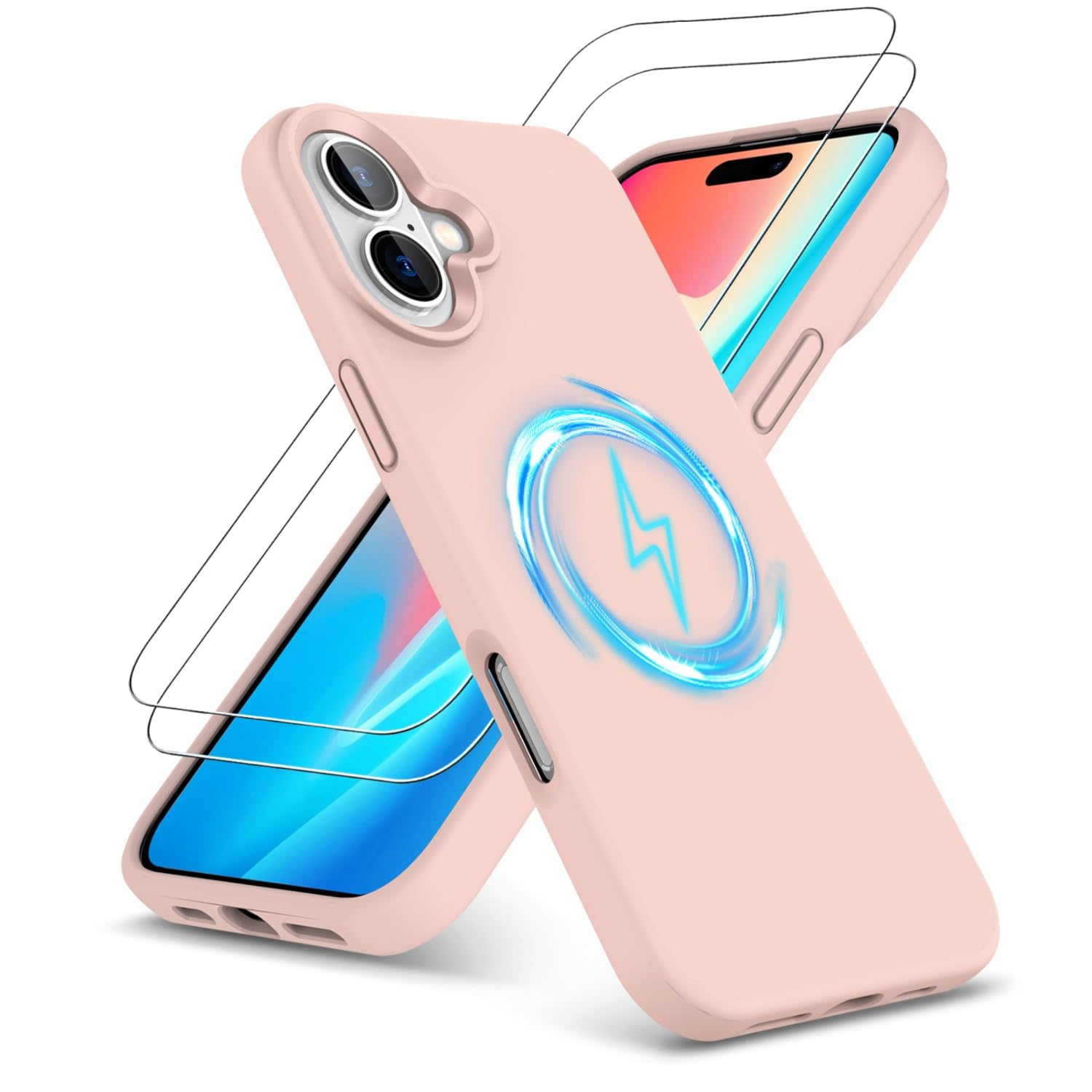 PIXFAB for iPhone 16 Case with 2 x Screen Protector Tempered Glass, [Compatible with Magsafe] Liquid Silicone Shockproof Armour Protective [Soft Touch] Rubber Gel Phone Cover - Pink