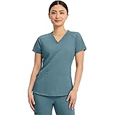Med Couture V-Neck Scrub Top for Women with 4 Pockets, Rib-Knit Side Panel, and Shirttail Hem MC7459