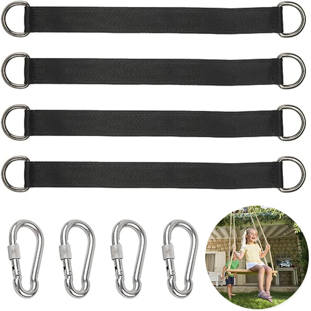 YZDZSW Swing Hanging Straps, 4 pcs Hammock Tree Straps, Hammock Chair Hanging kit with 4 Carabiner and D-rings Hanging Kit Straps for Tree Swing Camping Hammock(Black)