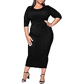 Runwind Women's Plus Size Maxi Dress Casual 3/4 Sleeve Bodycon H-Line Work Cocktail Fitted Dresses Crewneck