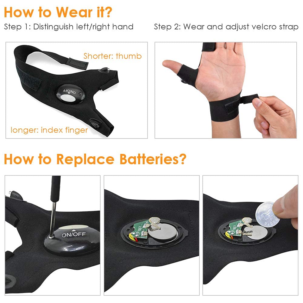 HANPURE LED Flashlight Gloves Stocking Stuffers for Adults Men Christmas Birthday Gift Idea for Dad Husband Him Boyfriend (1 Pack(with Replaceable Batteries))