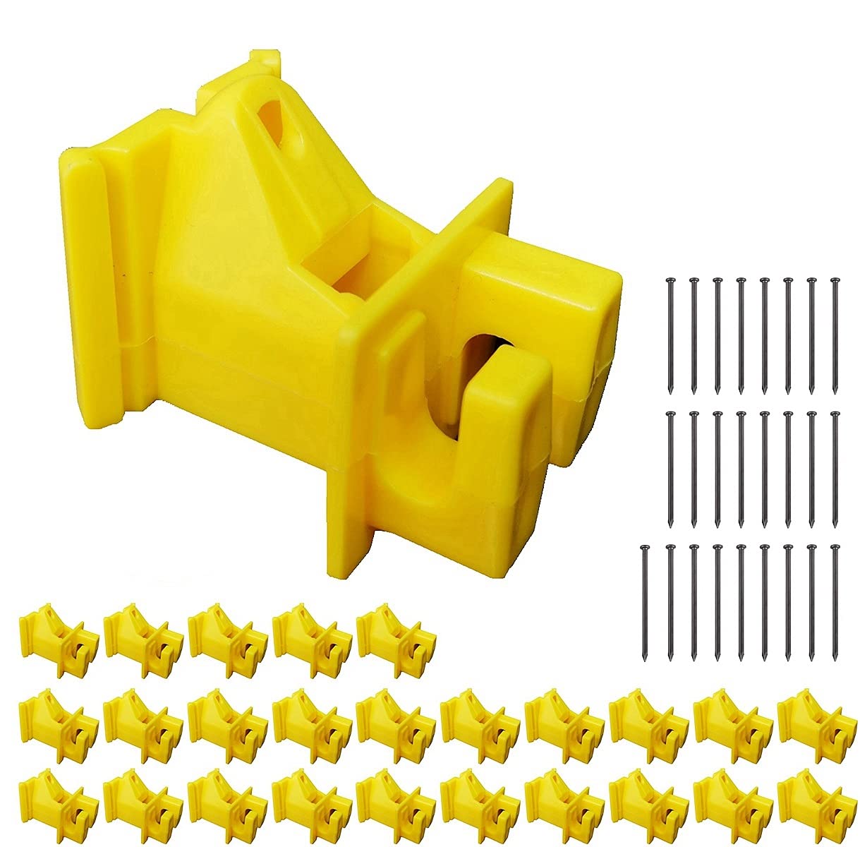 Photo 1 of QMARK 25 Pack Electric Fence Wood Post, Nail on Insulators, Nail In Insulators, 1-1/2 Inch Extender Wood Post Insulators with Nails - Yellow (25 Pack)