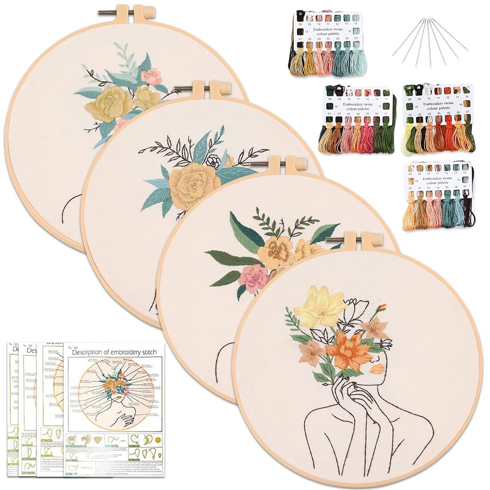4pcs Embroidery Kit for Beginners, Women and Flower Pattern Embroidery Starter Kits for Adults, Include Embroidery Clothes with Pattern Embroidery Hoops and Instructions, Cross Stitch Set for Adults