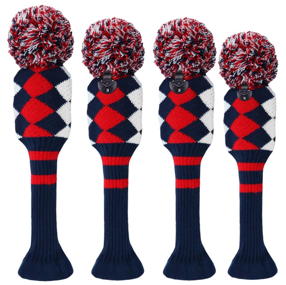 3 or 4 Pack Pom Golf Head Covers for Woods 1 3 5 Driver Fairway Hybrids Wood HeadCovers Set with Number Tag Knitted Golf Head Covers (Rose 1335)