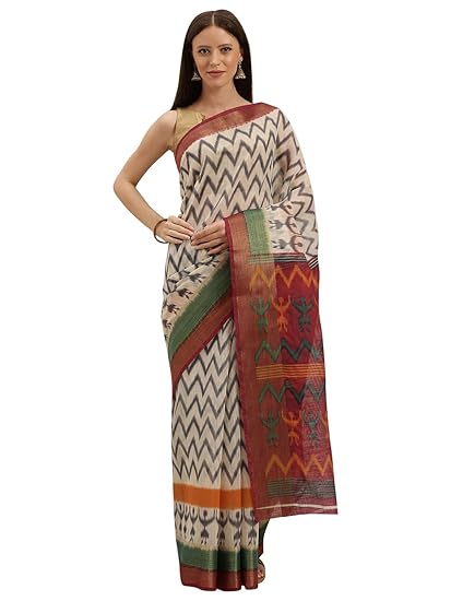 Cotton Blend Ikkat Saree, with Un-stitched Blouse Piece - Powerloom made Traditional Ikkat Sari for Women - by ART Retail