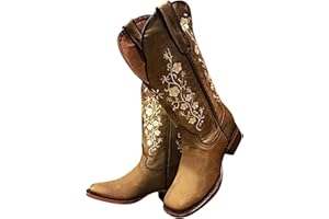 Ladmiple Cowgirl Boots Women Mid Calf Embroidered Pull On Cowboy Boots Block Chunky Heel Western Riding Wedding Boots