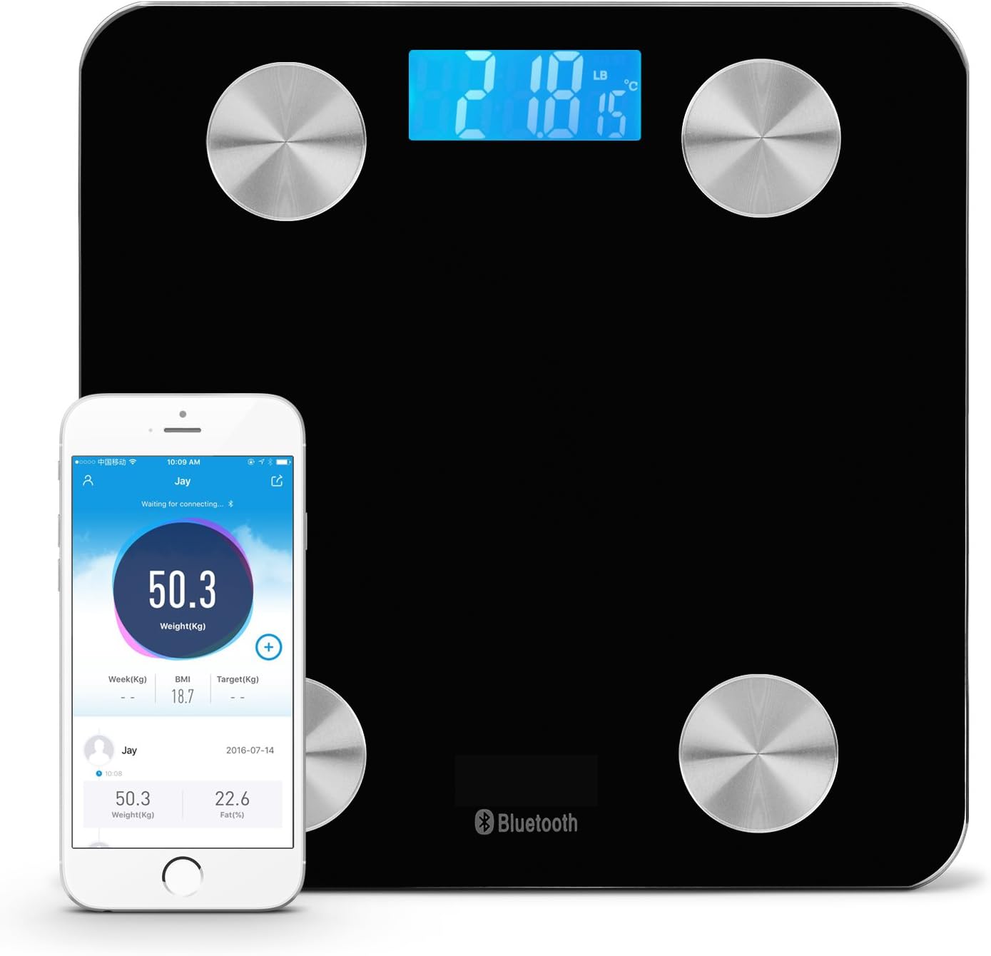 Body Fat Scale with iOS and Android App Bluetooth Smart Wireless Digital Bathroom Scale for Body Weight, Body Fat, Water, Muscle Mass, BMI, Calorie, Bone Mass and Visceral Fat, Black Color, Temptuare