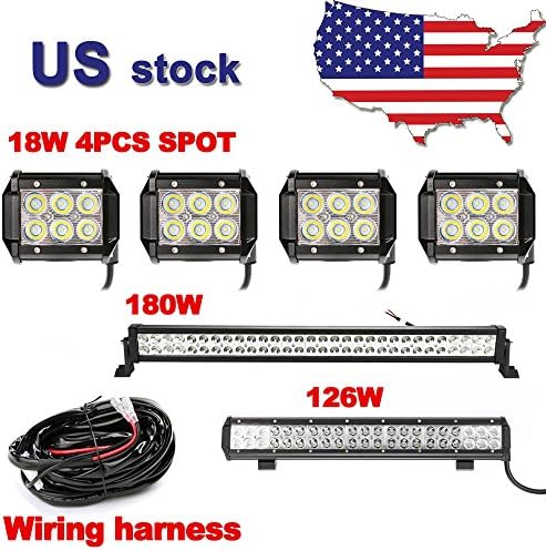 Primeprolight 32inch Led Work Light Bar 180W Spot Flood Combo Beam Light Bar &amp; 4pcs 4" 18W Led Work Light &amp; 20" 126W combo light bar &amp; wiring Harness Kit For Jeep Off-Road SUV ATV Truck