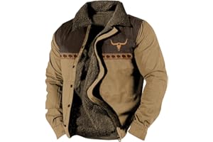 DMOYALA Western Aztec Jackets for Men Fleece Cowboy Shirt Jackets Cow Skull Graphic Coats Long Sleeve Jackets with Pocket