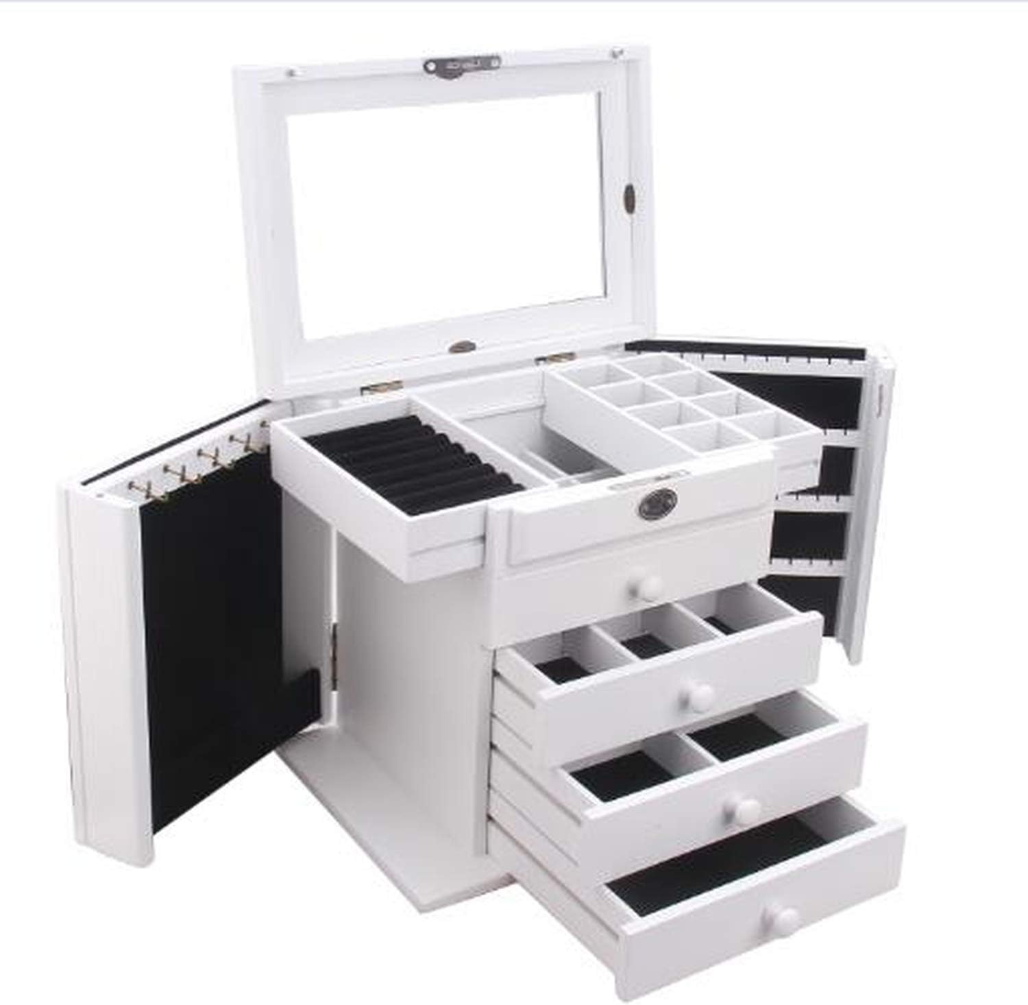 FD3RTYA Wooden Extra Large Jewelry Box Jewellery Lock Cabinet Mirror Storage Case Trinket Armoire Necklaces Earrings Hook,United Kingdom,White