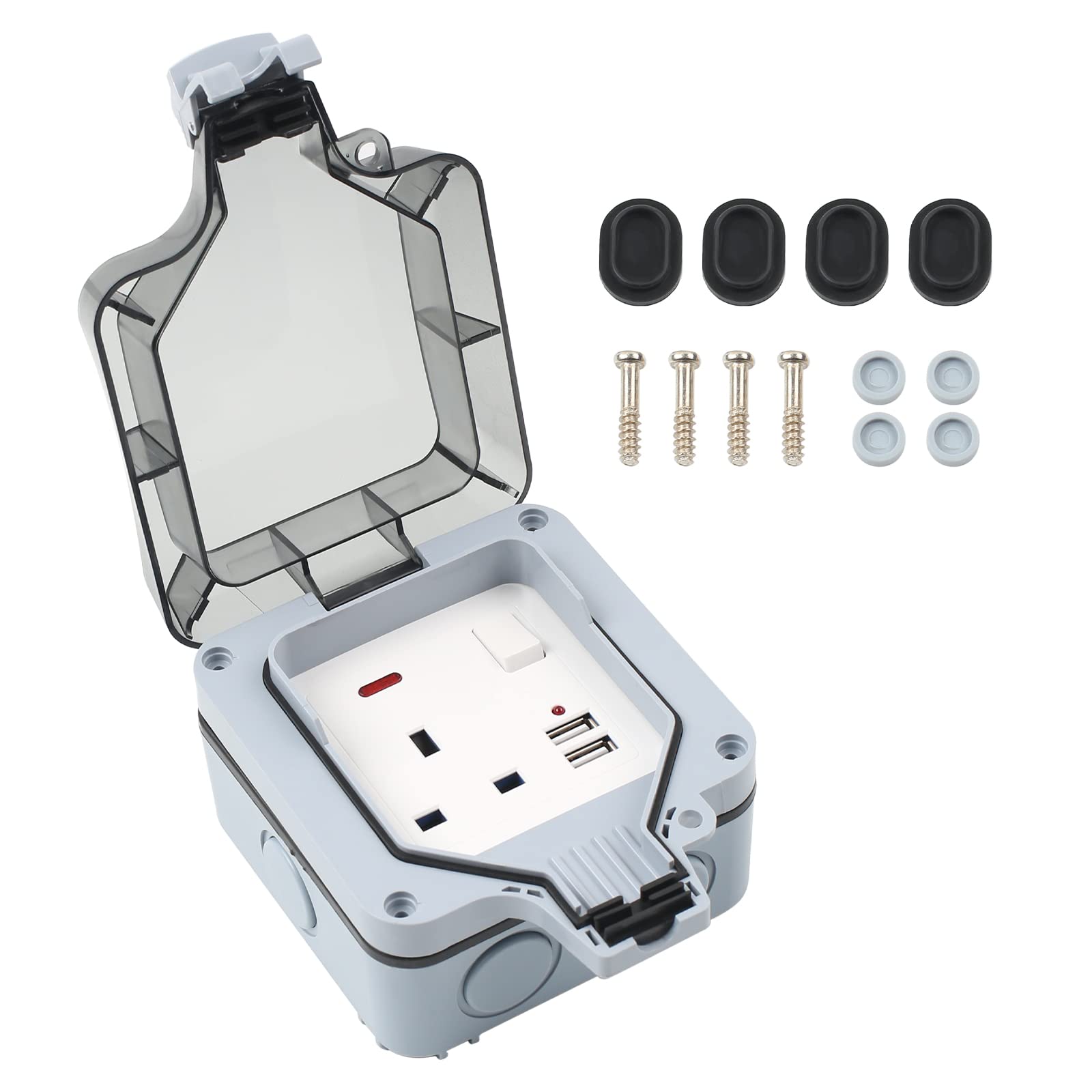 TIHOOK Outdoor Socket Wall Switched, UK Plug IP66 Waterproof, Single Outdoor Socket, Sockets With 2 USB Charging Port, Sockets Waterproof for Gardens, Courtyards, Garages