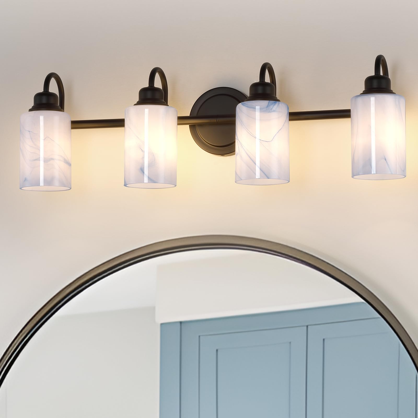 Photo 1 of pasentel 4 Lights Bathroom Light Fixtures, Black Bathroom Vanity Lights with Blue Glass Shade, Metal Bathroom Lighting Fixtures Over Mirror, Modern Sconce Wall Lamp for Living Room Bedroom Farmhouse
