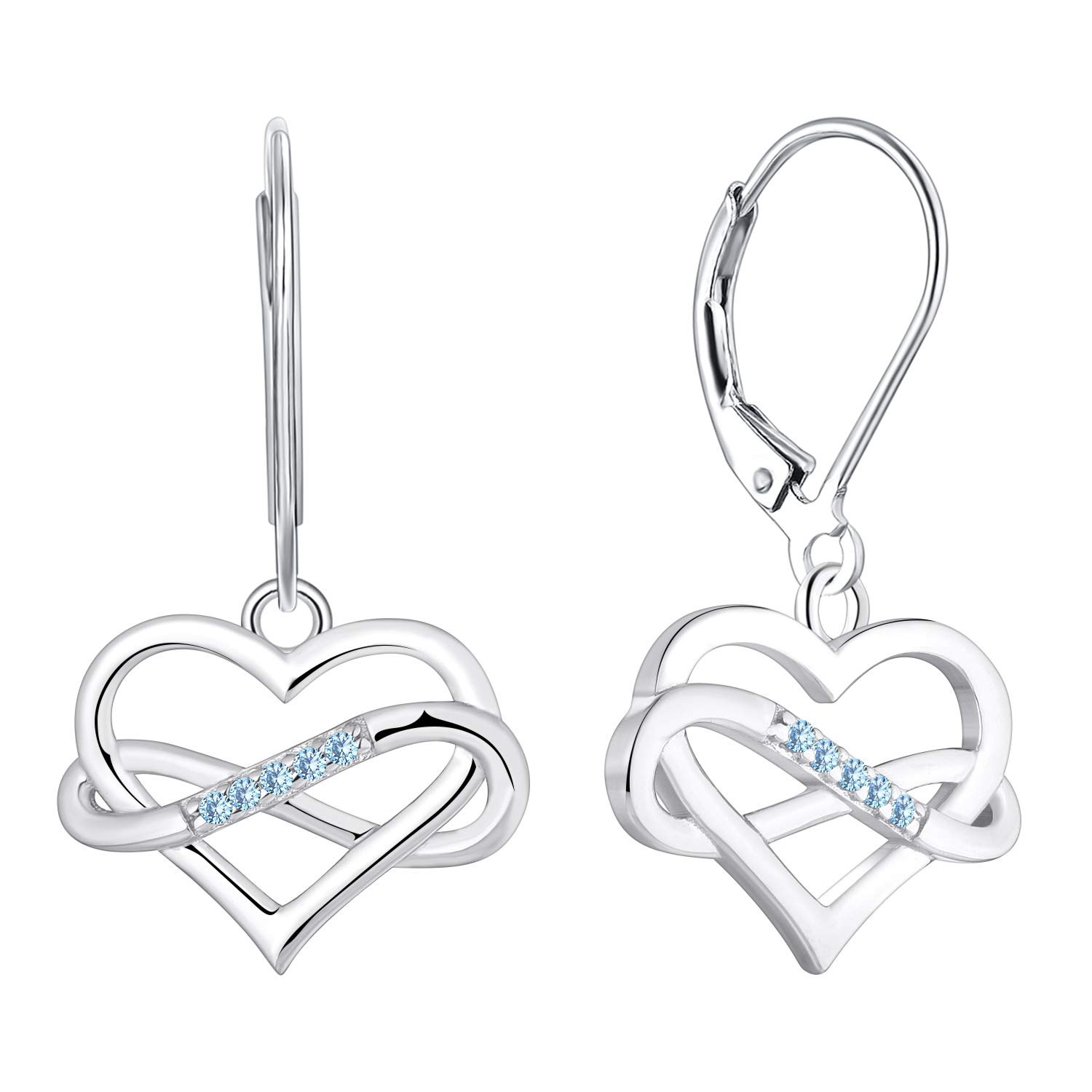 JO WISDOM Women Heart Infinity Earrings,925 Sterling Silver Leverback Dangle & Drop Earrings with 3A Cubic Zirconia March Birthstone Aquamarine Color with White Gold Plated
