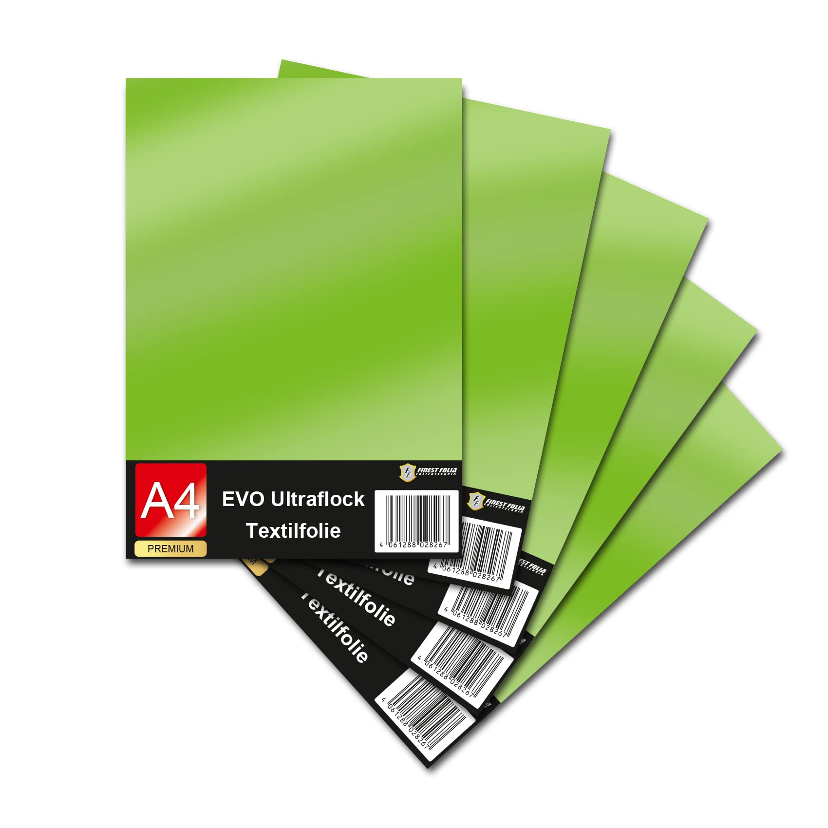 Evo Ultraflock Textile Film for Plotter, 33 Colours, Flock Film in DIN A4 Format, 30 x 20 cm, Plotter Film for Fabric, Clothing, T-Shirt, Flock Film Accessories (Set of 5, 020 Lime)