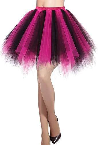 Flovel Damen Tüllrock Petticoat - 50er Style Rockabilly Tutu, Elastische Taille, Rot/schwarz