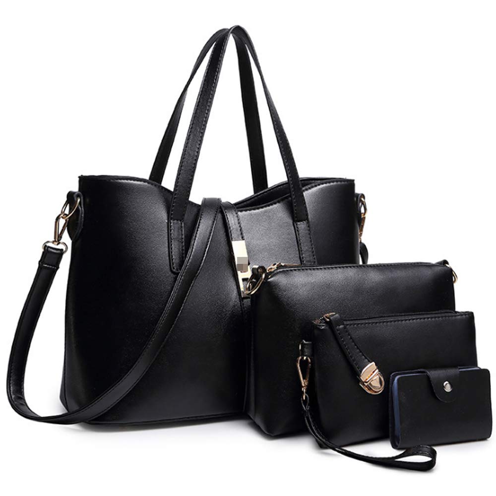 FiveloveTwo Fashion Womens 4Pcs Handbag Set Totes Clutch Satchels Top Handle Shoulder Crossbody Bags and Purse Card Holder Black