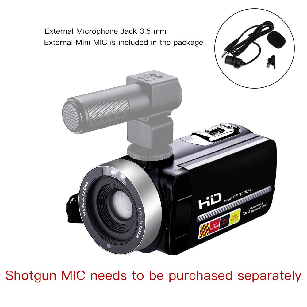 COMI Camcorder With MIC Night Vision Camera Full HD 24.0MP 1080p Webcam 3” Touchscreen Digital Video Recorder External Microphone (HDV-M61-FBA)