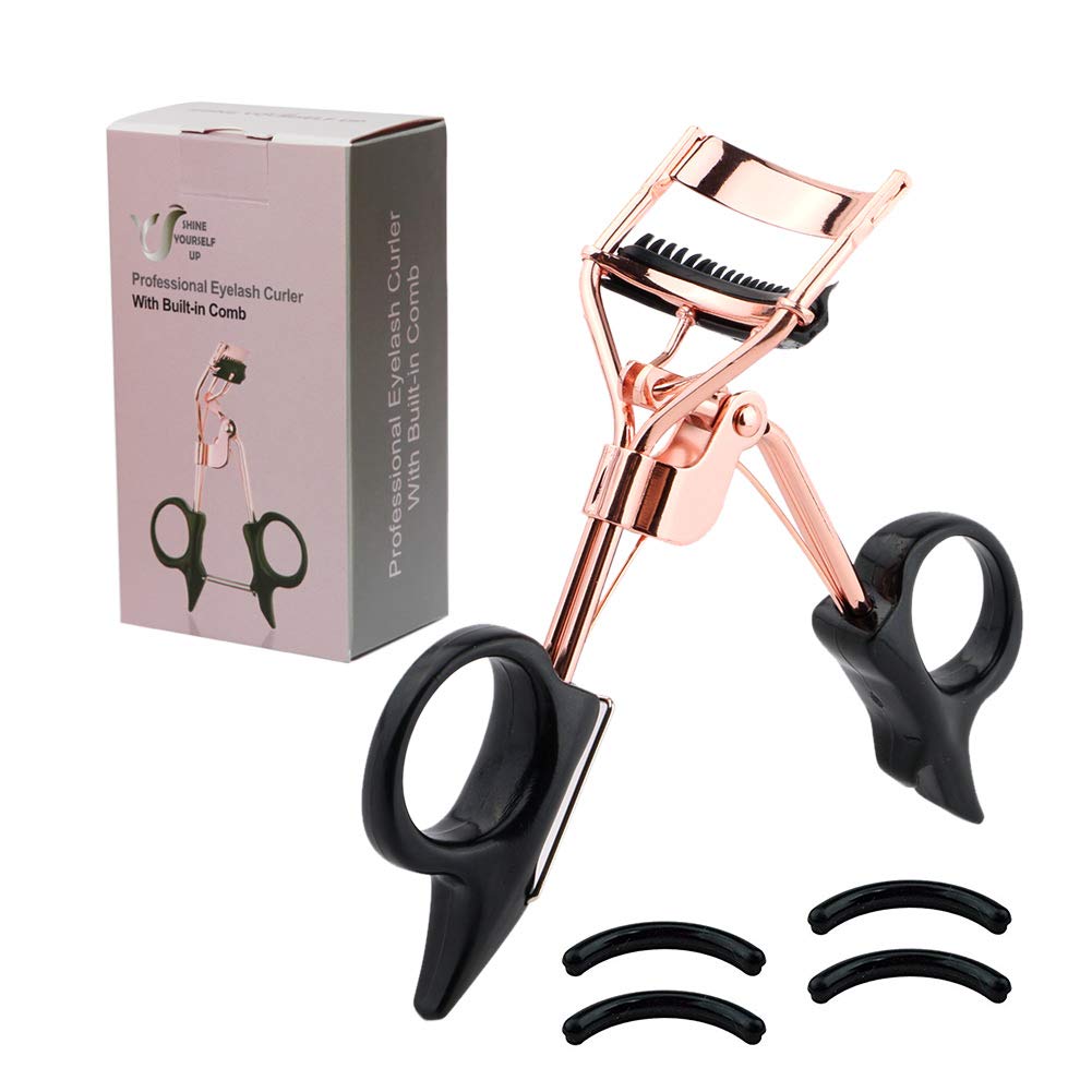 Eyelash Curler with Comb, SYU Professional Eyelash Curler Spring Loaded Separates Lashes with No Pinching Long lasting & Natural Looking Curl Fits All Eye Shapes 2 Free Refill Pads included. (A)