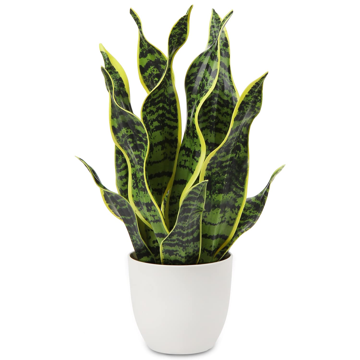 Hollyone 42CM Artificial Snake Plant in White Pot, Fake Potted Plant for Table, Yellow and Green Faux Sansevieria for Home Decor, Kitchen, Bathroom, Living Room, Shelf Decorations