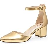 Ankis Closed Toe Heels for Women -Black Nude Gold Silver Pointed Toe Heels Low Block Chunky Women Pumps with Ankle Strap -2.25 Inch