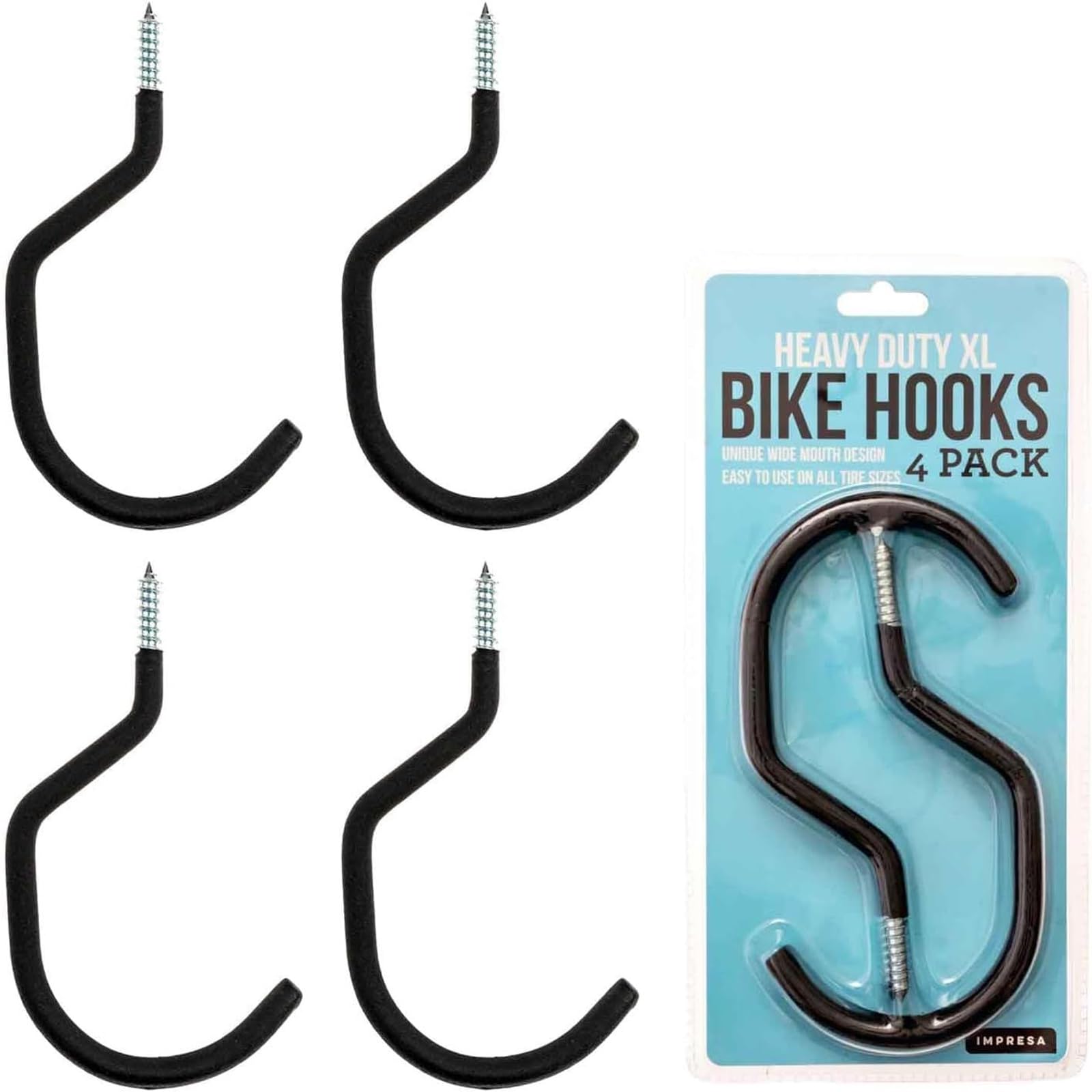 Impresa 4 Pack XL Bike Hooks/Hangers – 17.78 x 10.16 cm, Holds Up to 45.35 kg - Wide Opening Fits All Bike Types, Easy On/Off, Heavy-Duty Bike Hooks for Garage Storage - for Ceiling & Wall Mount