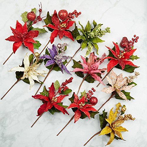 Factory Direct Craft Assorted Glitter Accented Velvet Poinsettia Floral Stems - 2 Stems