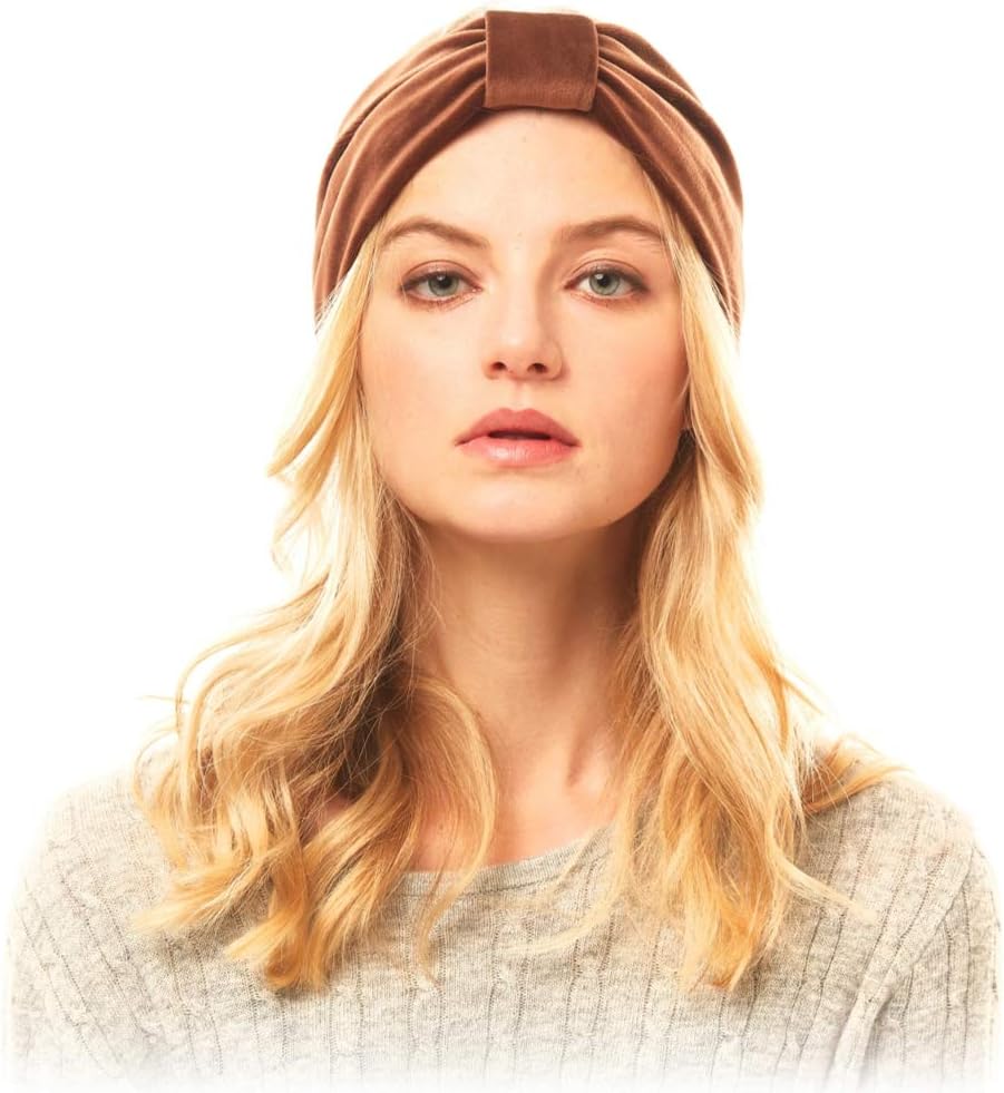 by you Women Winter Soft Velvet Knotted Headwrap Headband Turban Style Ear Warmer (Velvet Solid - Brown)