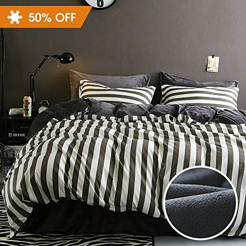 Vougemarket Striped Flannel Duvet Cover Set,with 100% Cotton on Striped Side + Flannel Solid Color on Bottom Side,3 Pieces Winter Warm Bedding Set-King,Gentleman