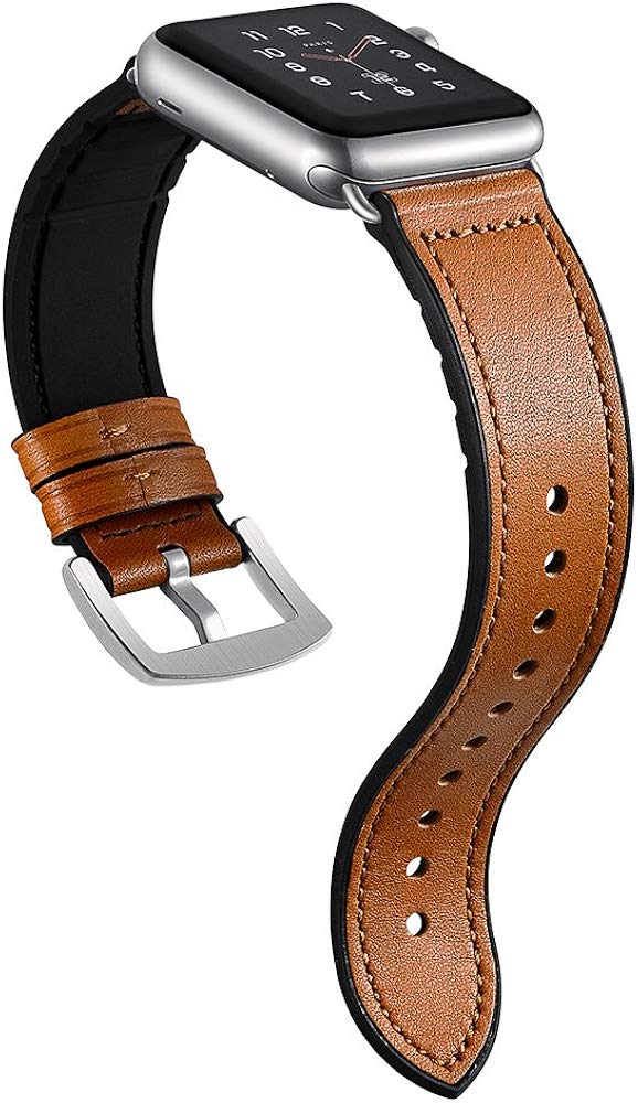 Sweatproof Hybrid Leather Sports Watch Band Vintage Replacement Bands for Apple Watch iwatch Series 4 3 2 1 Dark Brown Replacement Straps with Sliver ...