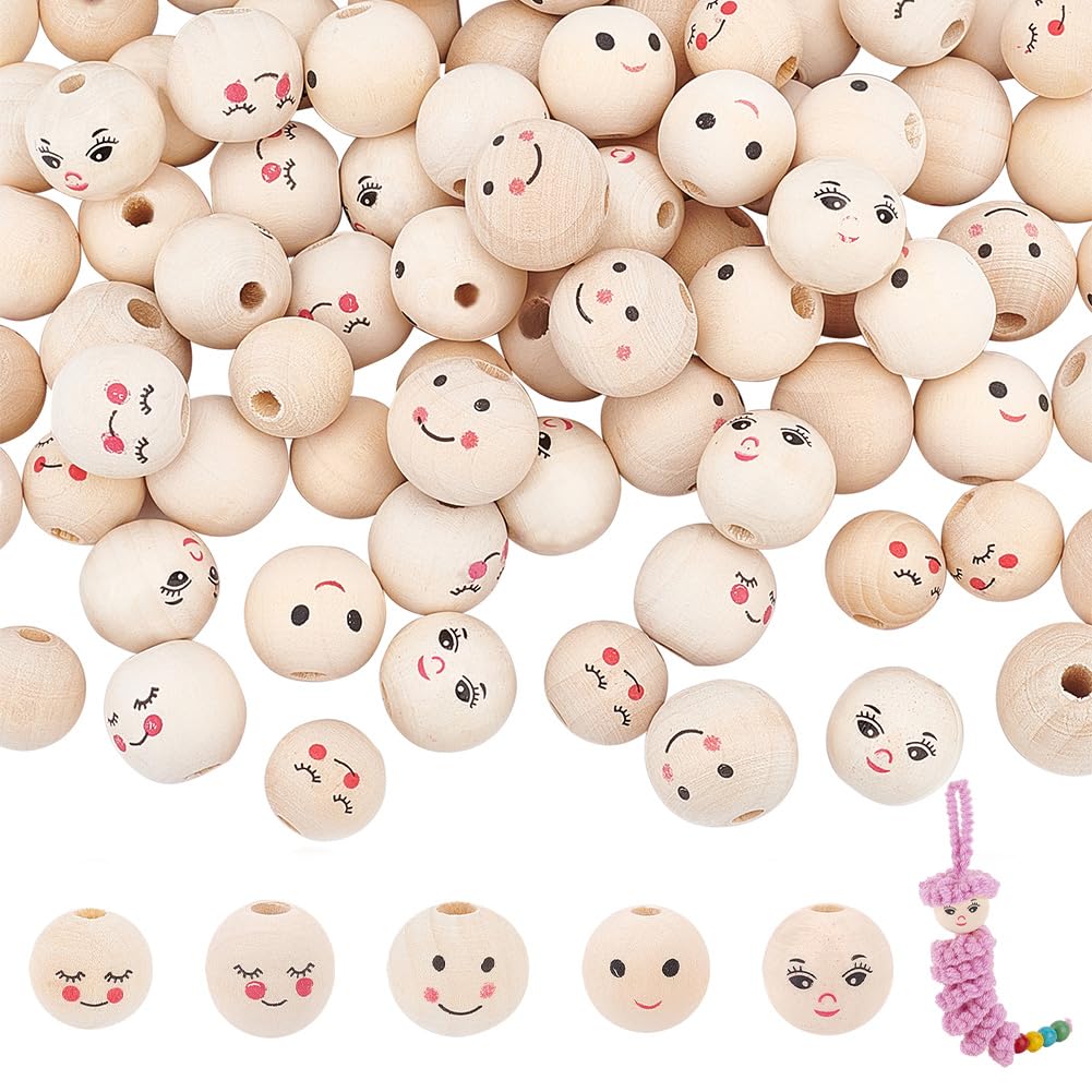 PH PandaHall 100pcs Easter Smile Face Wooden Beads, 5 Styles Doll Head Beads Natural Wood Craft Bead with Smily Face Spacer Bead for Garland Keychain Making Home Easter Dector Macrame Crafts, 15~18mm