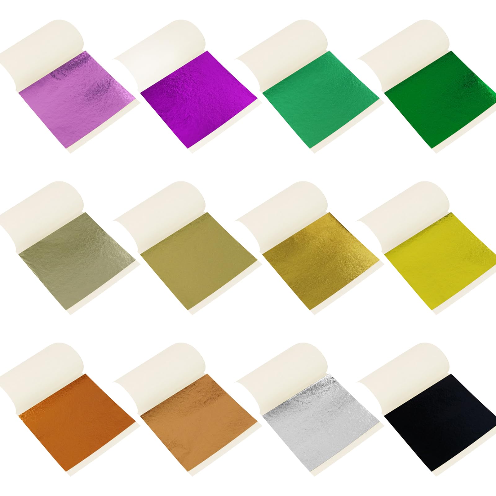 KINGBOOM 12 Color Gold Leaf Sheets - Champagne Silver, Pack of 100, 3.15in for Crafting, DIY Projects, Painting and Decoration.