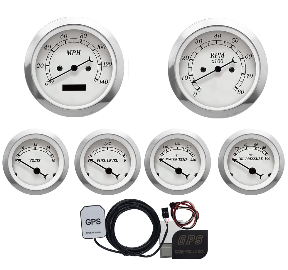 Photo 1 of MOTOR METER RACING Classic 6 Gauge Set with GPS Electrical Speedometer Digital Odometer White Dial Black Needle Light Bulb Illumination 85mm 3-3/8" & 52mm 2-1/16"