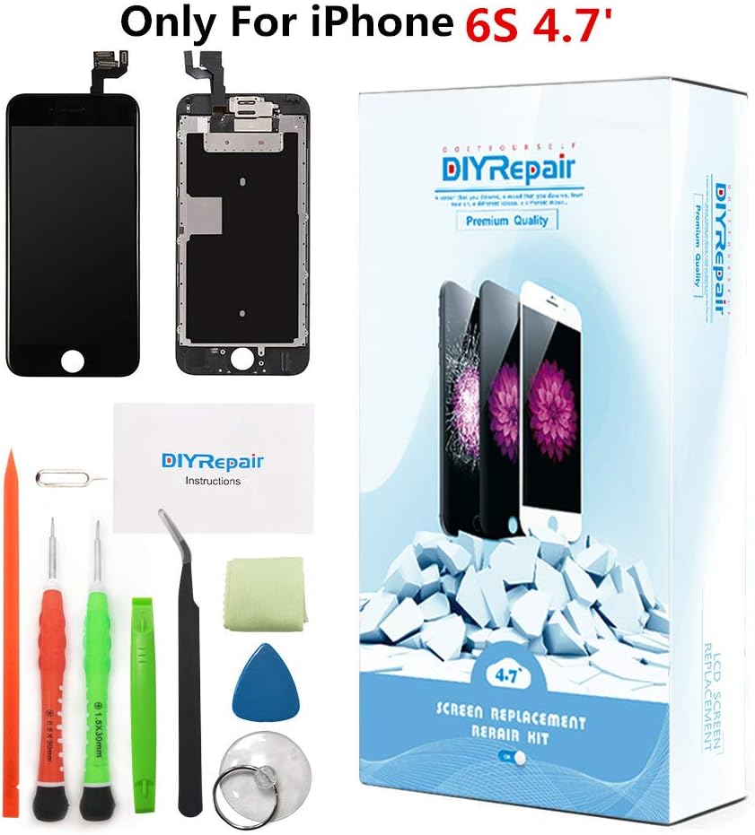 Premium Screen Replacement For iPhone 6S 4.7' - LCD Complete Repair Kit Display 3D Touch Digitizer Assembly With Earpiece, Front Camera, Proximity Sensor, Tempered Glass, Tools, Instruction (Black)