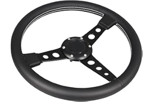 GONMOT Car Drift Flat Steering Wheel Black Leather Grip 14inch/350mm Racing Sport Steering Wheel with White Stitching