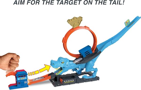 HOT WHEELS CITY TRACK SET WITH 1 TOY CAR, RACE THROUGH A GIANT LOOP TO DEFEAT A BIG DINOSAUR, T-REX LOOP STUNT AND RACE PLAYSET