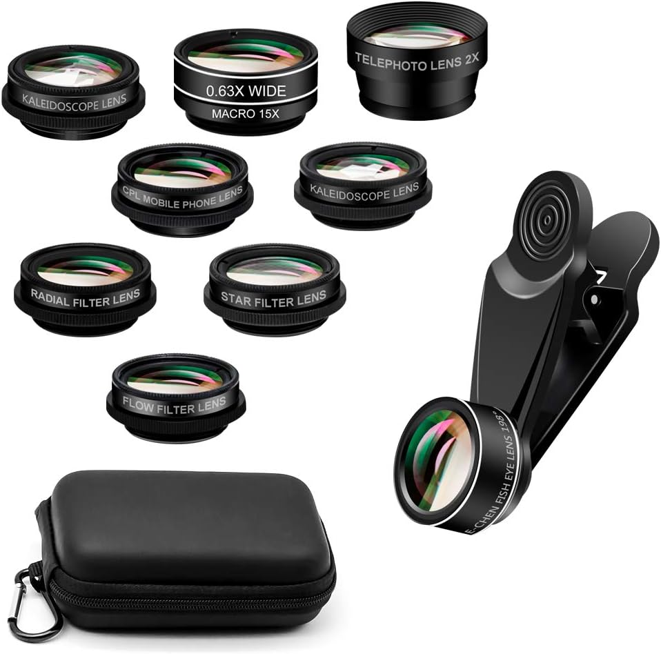Sonkir 10 in 1 Cell Phone Camera Lens Kit 0.63 X Wide Angle Lens & 15 X Macro Lens + Fisheye Lens + Telephoto Lens + CPL/Flow/Star Filter + Kaleidoscope 3/6 Lens for Smartphone