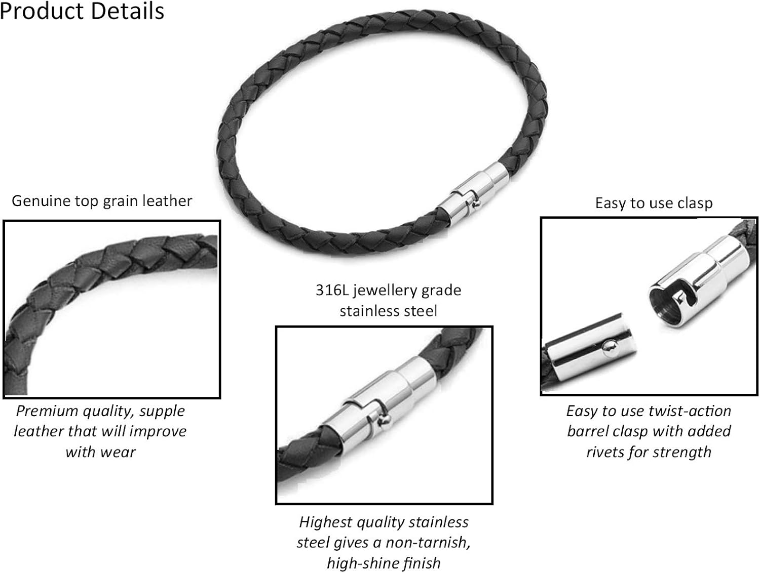 Tribal Steel Black Plaited Leather Bracelet - Unisex 19cm Leather Bracelet with Bayonet Clasp, Extra Secure Magnetic Closure - Image 3