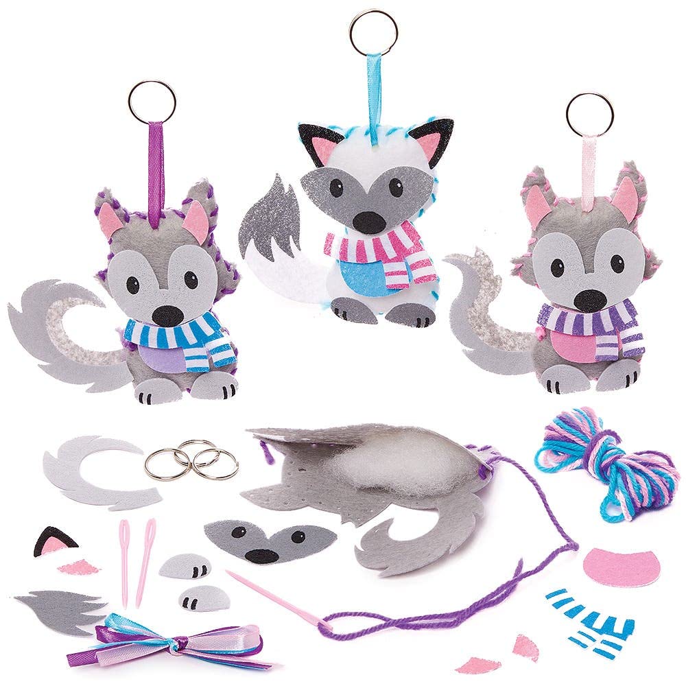 Baker Ross FX355 Arctic Fox and Wolf Keyring Sewing Kits - Pack of 3, Introduction to Sewing and Textiles for Kids, Arts and Crafts