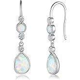 FANCIME Created Opal Earrings Sterling Silver Hook Earrings with 2 White Fire Opal Stones Teardrop October Birthstone Earrings Fine Jewelry for Women