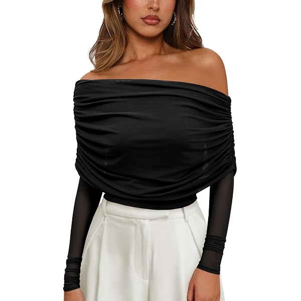 Women’s Off-Shoulder Asymmetrical Top – Letter Graphic Long Sleeve Ruched Tee - View #9