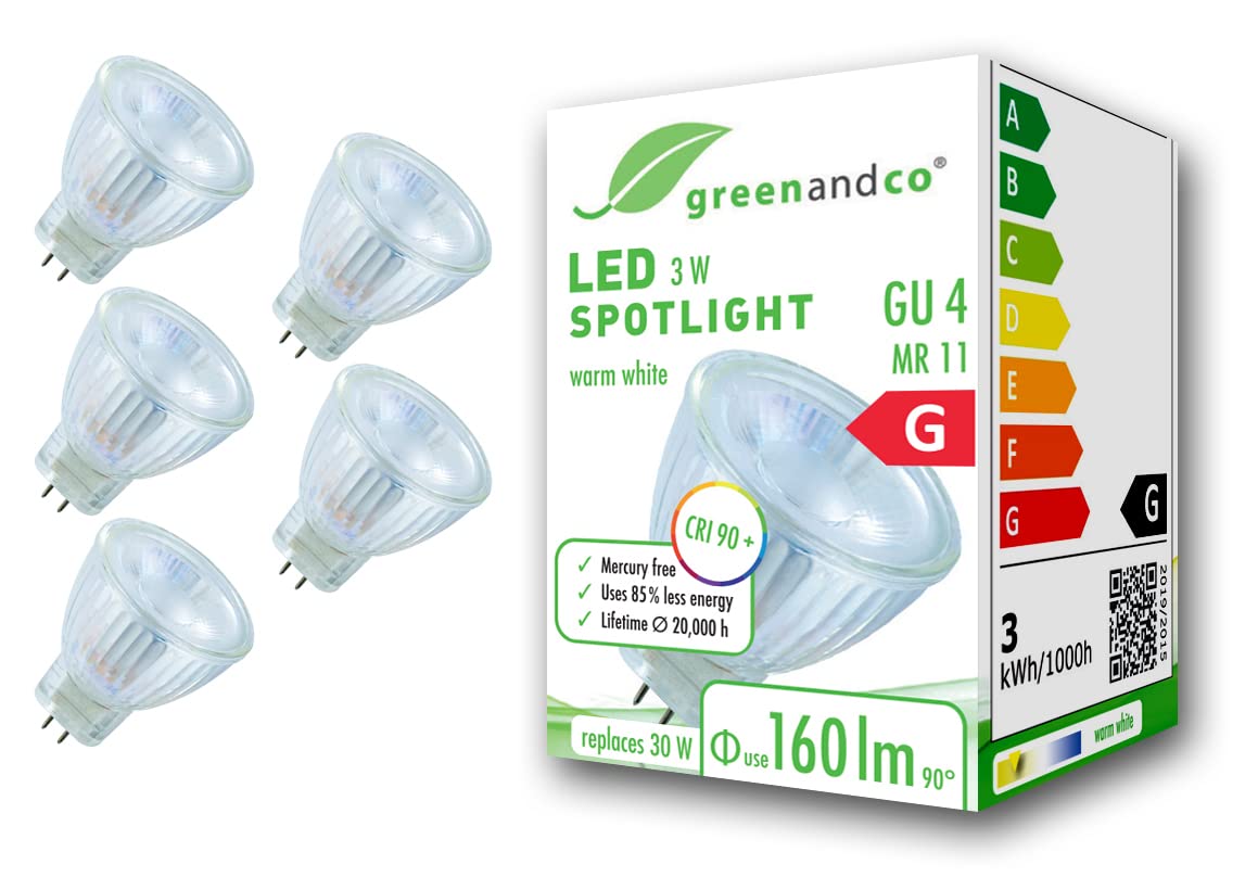 greenandco® CRI 90+ LED spot Replaces 20 Watt GU4 MR11 Halogen Spotlight, 3W 160 Lumen 3000K Warm White 38° 12V AC/DC, no Flicker, not dimmable, 5-Pack