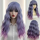22 Inch/55cm Women's Fashion Long Purple Curly Full Hair Natural Wavy Wig with Bangs Heat Resistant Fiber Synthetic Wigs for Costume Party Cosplay Halloween for Yound Ladies